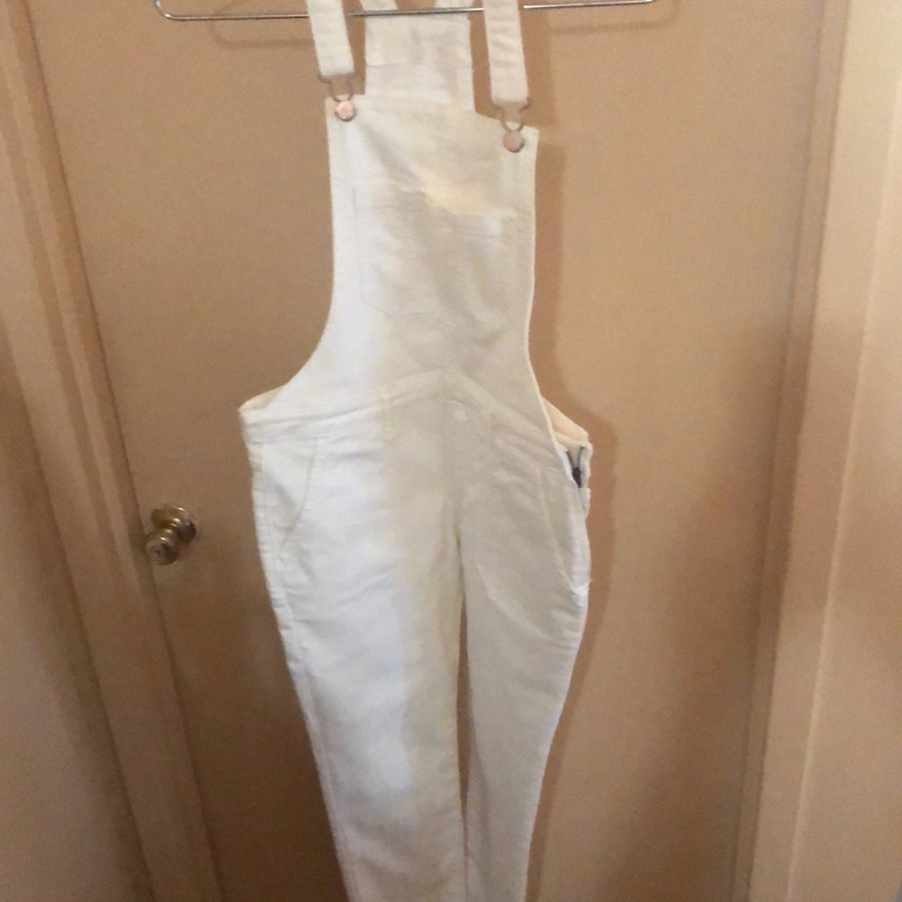White Cotton Blend Denim Overalls, 5 Pockets